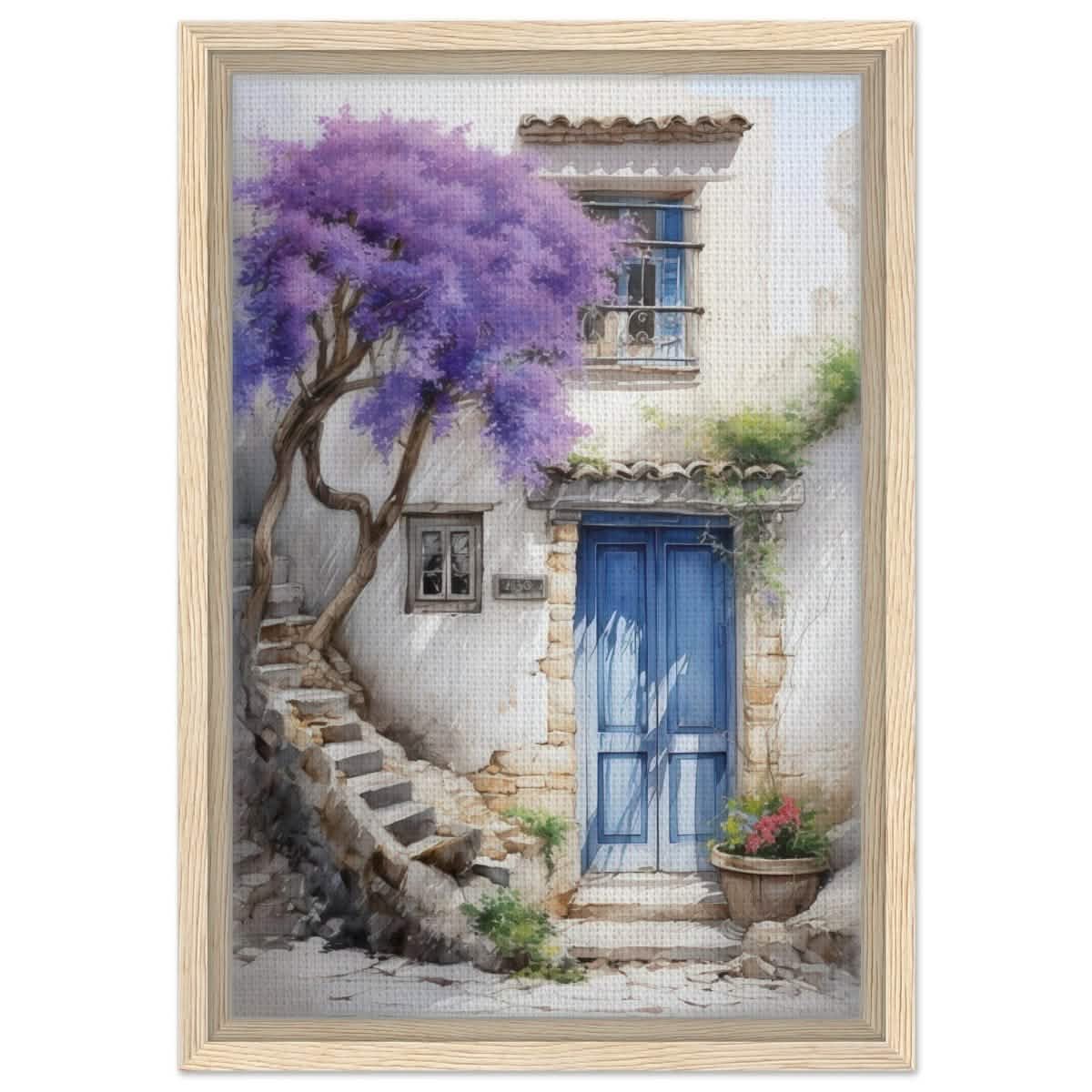 Whispers of Time: Blue Door Cottage with Blooming Jacaranda - Framed Canvas - 30x45 cm / 12x18″ - Wood frame