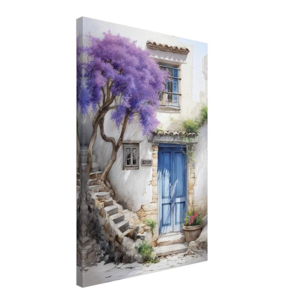 Whispers of Time: Blue Door Cottage with Blooming Jacaranda - Canvas - 40x60 cm / 16x24″ -