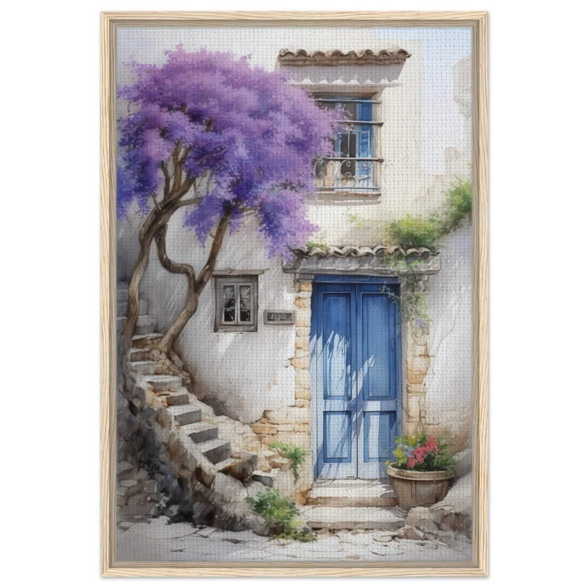 Whispers of Time: Blue Door Cottage with Blooming Jacaranda - Framed Canvas - 60x90 cm / 24x36″ - Wood frame
