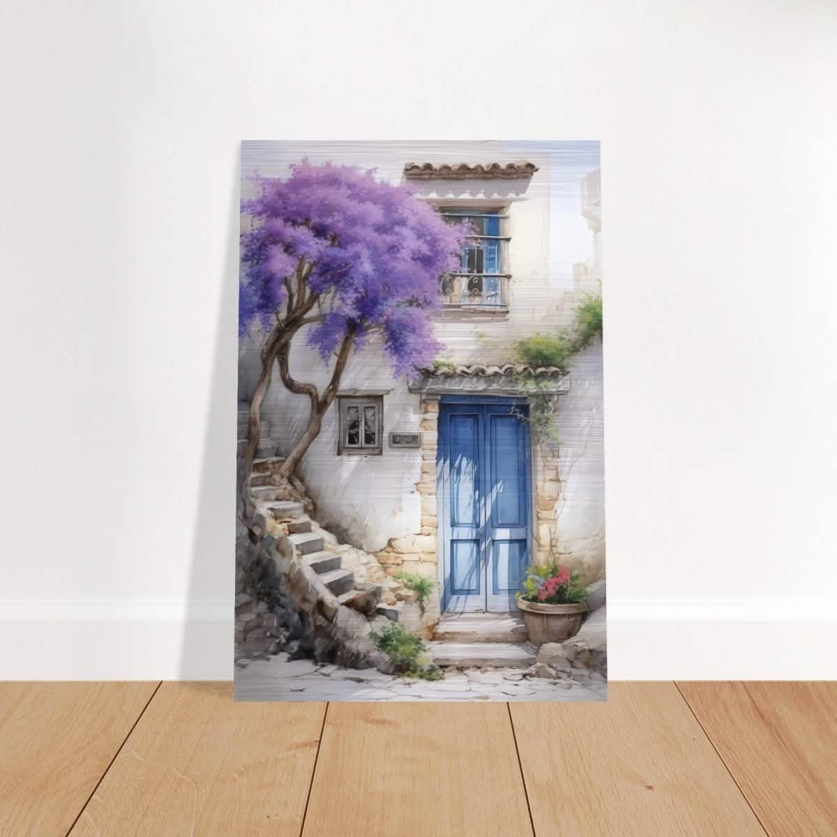 Whispers of Time: Blue Door Cottage with Blooming Jacaranda - Brushed Aluminum Print - 60x90 cm / 24x36″ -