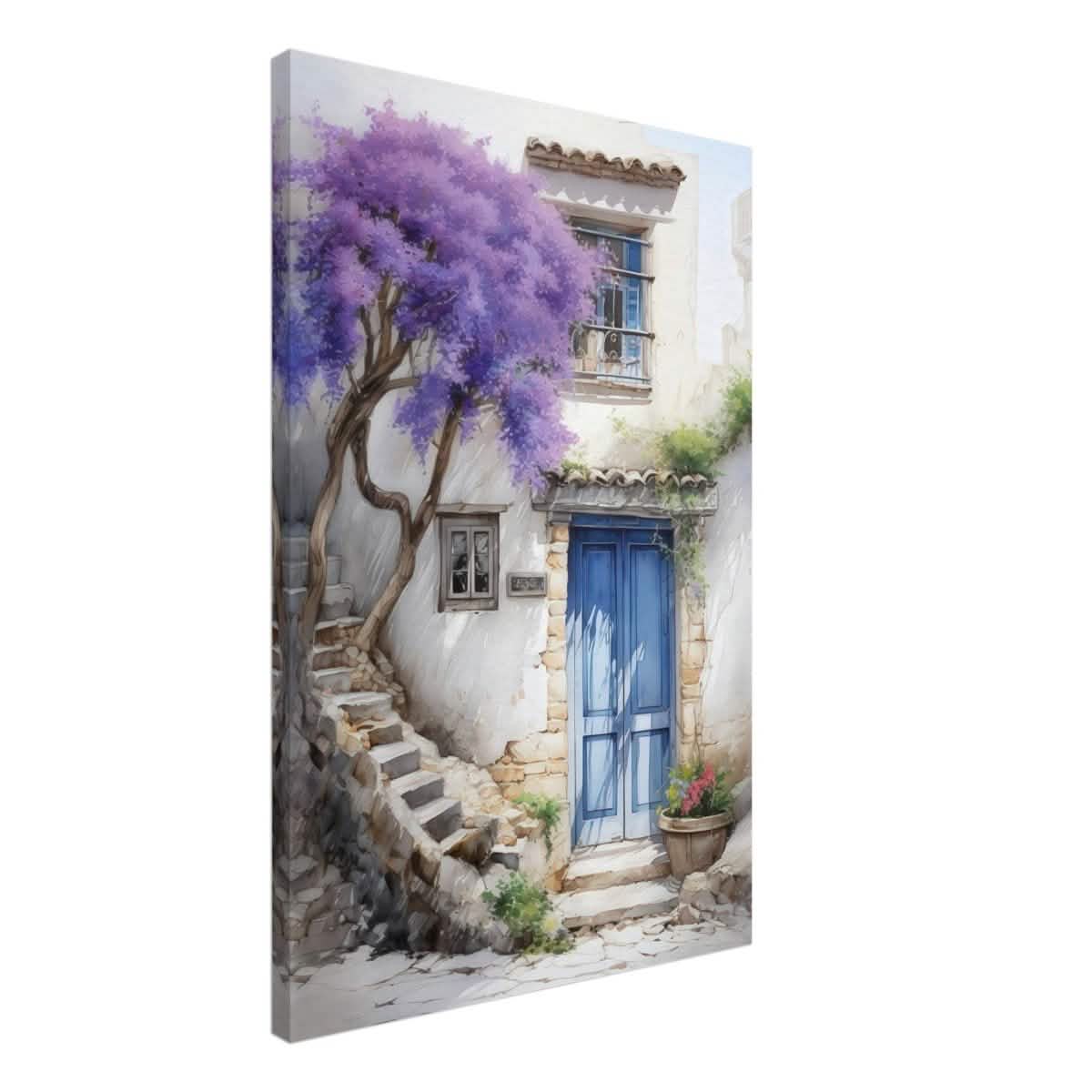 Whispers of Time: Blue Door Cottage with Blooming Jacaranda - Canvas - 50x75 cm / 20x30″ -