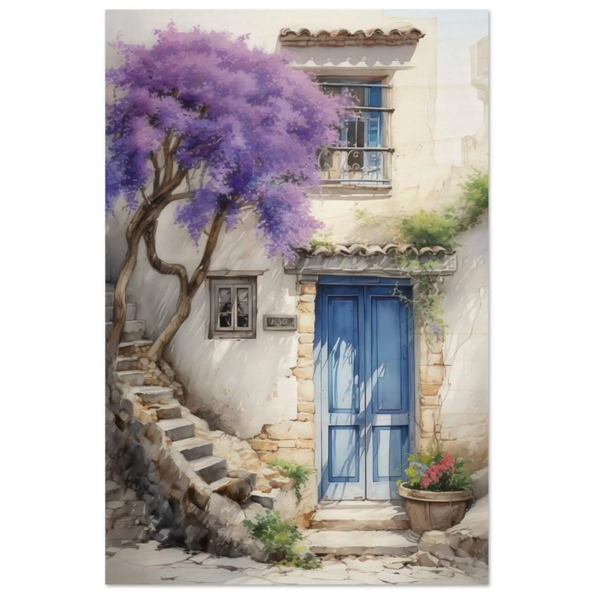 Whispers of Time: Blue Door Cottage with Blooming Jacaranda - Wood Prints - 30x45 cm / 12x18″ -