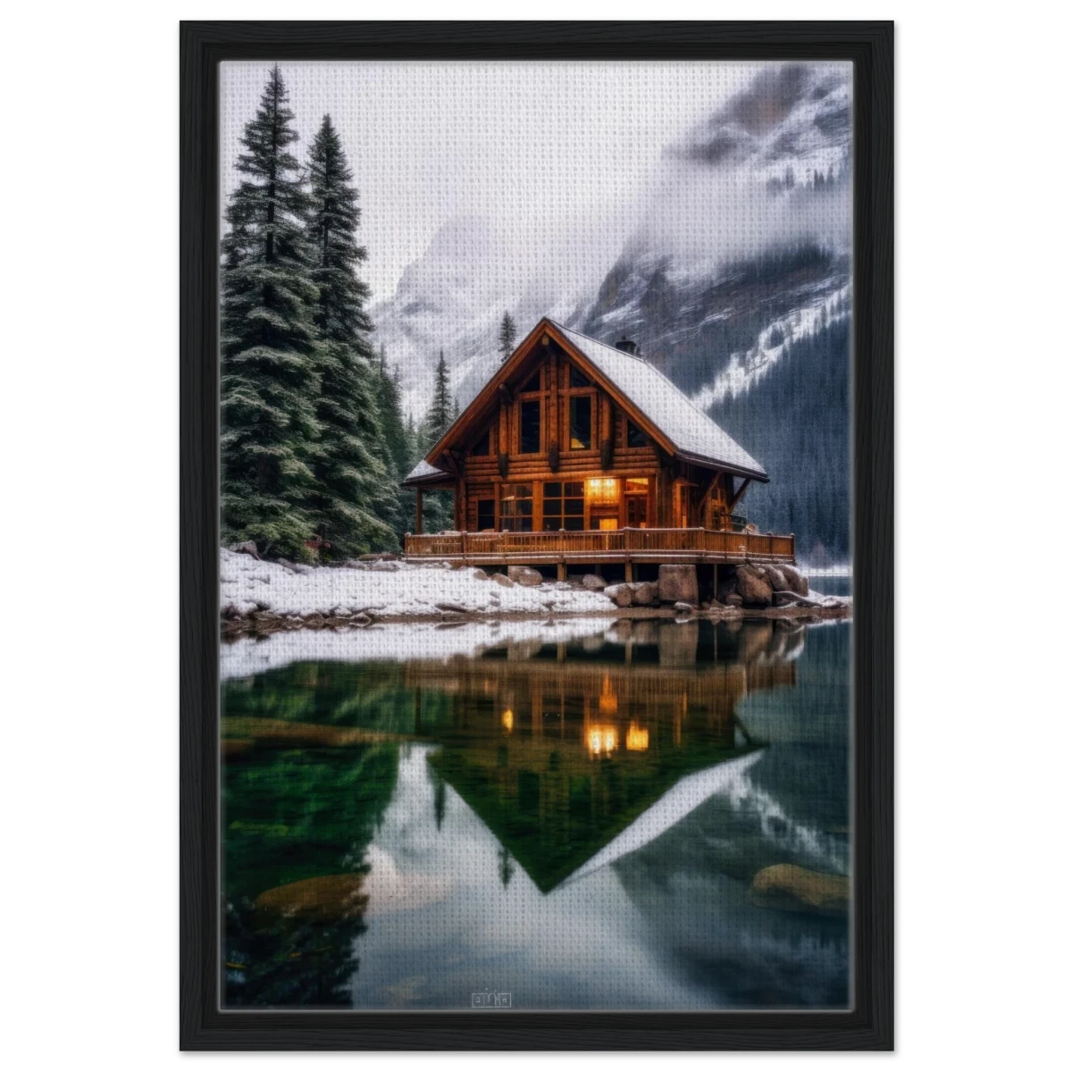 “Whispers of Winter Solitude – Lakeside Cabin in the Pines” | Wall Art Print - Framed Canvas - 40x60 cm / 16x24″ - Black frame