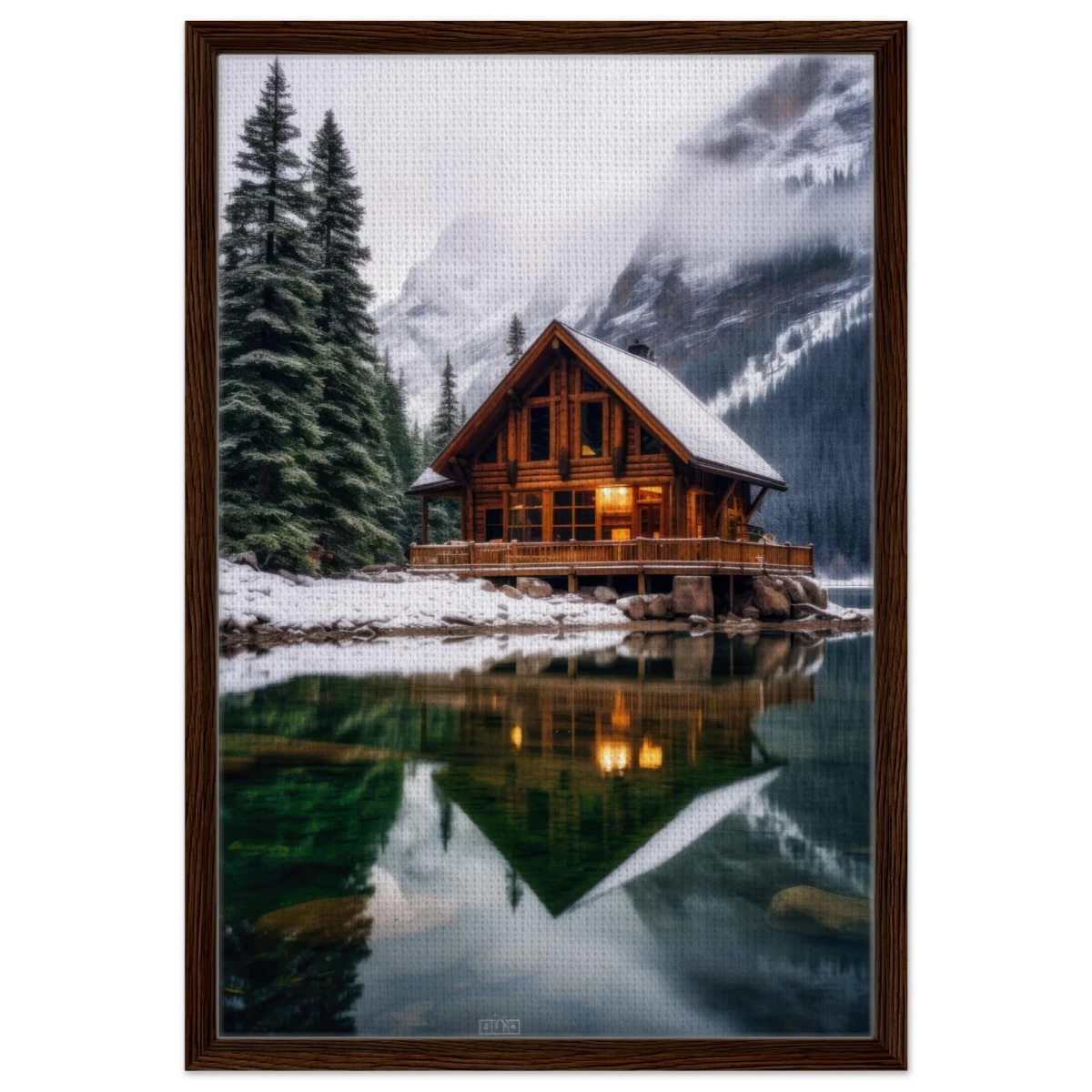 “Whispers of Winter Solitude – Lakeside Cabin in the Pines” | Wall Art Print - Framed Canvas - 50x75 cm / 20x30″ - Dark wood frame