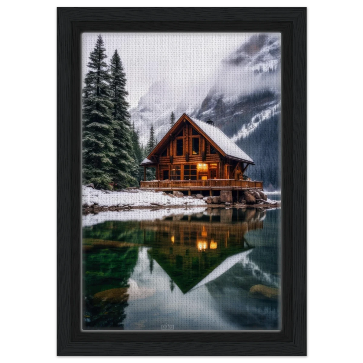 “Whispers of Winter Solitude – Lakeside Cabin in the Pines” | Wall Art Print - Framed Canvas - 20x30 cm / 8x12″ - Black frame