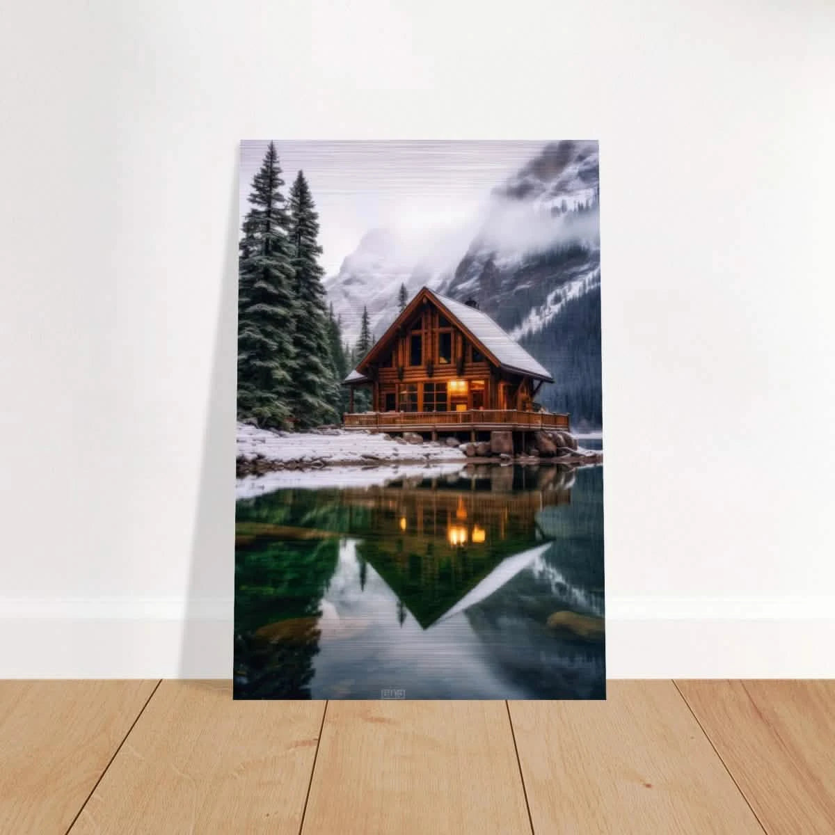 “Whispers of Winter Solitude – Lakeside Cabin in the Pines” | Wall Art Print - Brushed Aluminum Print - 50x75 cm / 20x30″ -