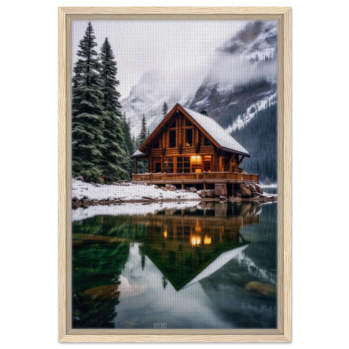 “Whispers of Winter Solitude – Lakeside Cabin in the Pines” | Wall Art Print - Framed Canvas - 40x60 cm / 16x24″ - Wood frame