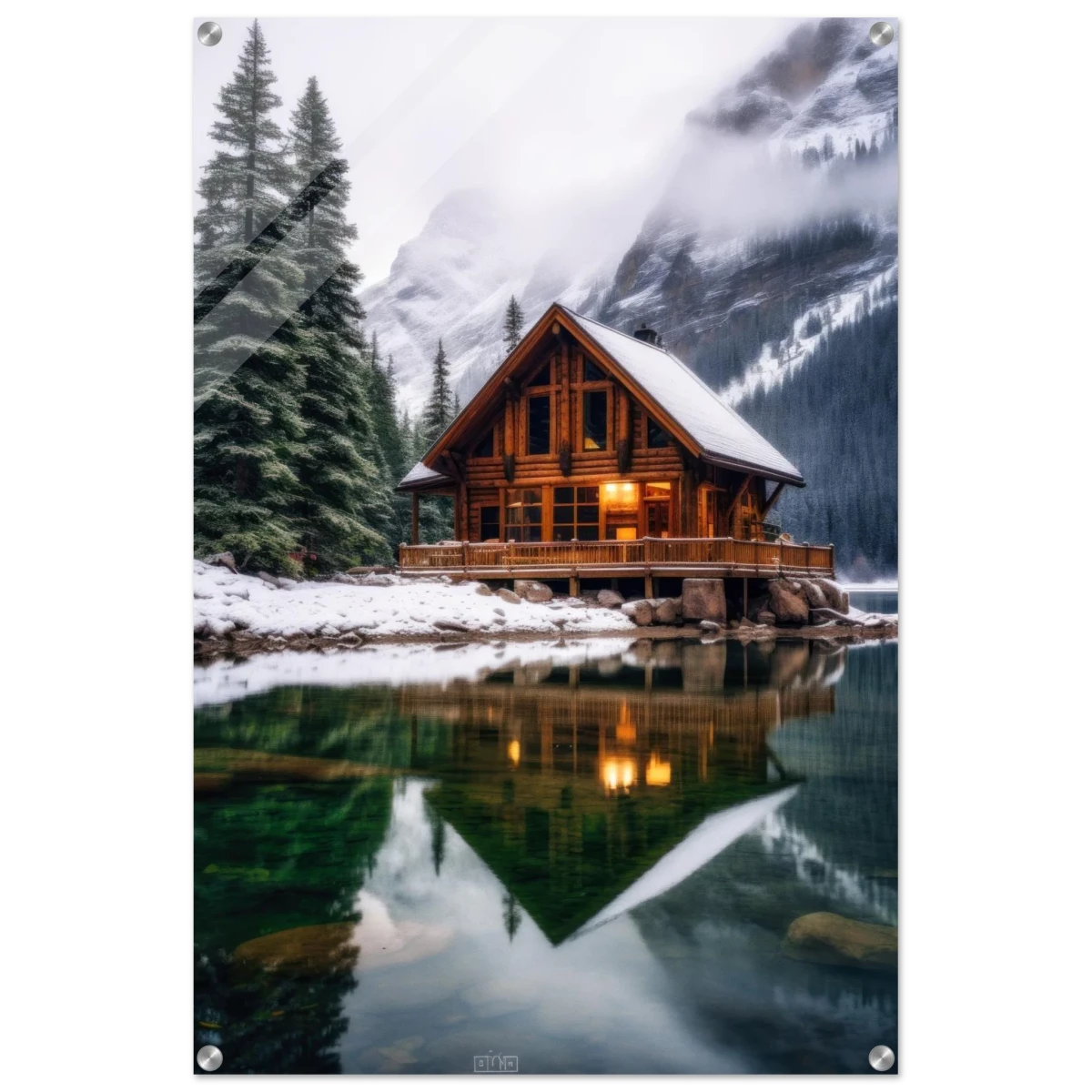 “Whispers of Winter Solitude – Lakeside Cabin in the Pines” | Wall Art Print - Acrylic Print - 60x90 cm / 24x36″ -