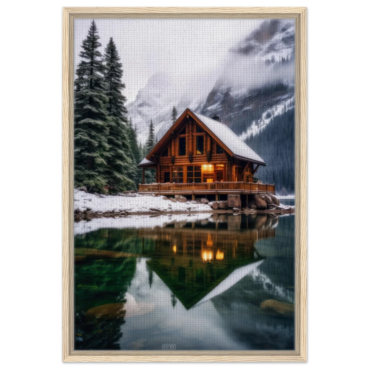 “Whispers of Winter Solitude – Lakeside Cabin in the Pines” | Wall Art Print - Framed Canvas - 50x75 cm / 20x30″ - Wood frame