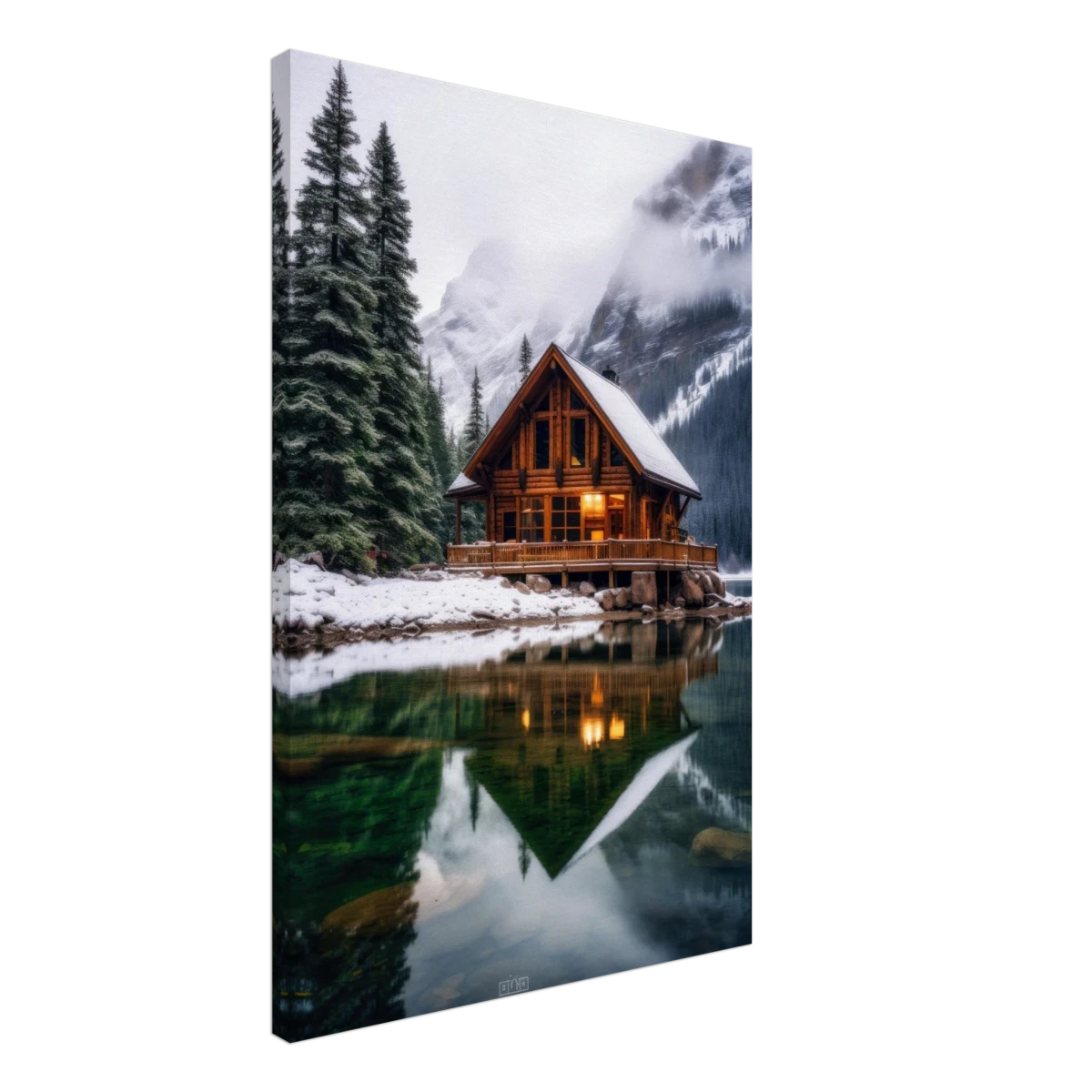 “Whispers of Winter Solitude – Lakeside Cabin in the Pines” | Wall Art Print - Canvas - 50x75 cm / 20x30″ -