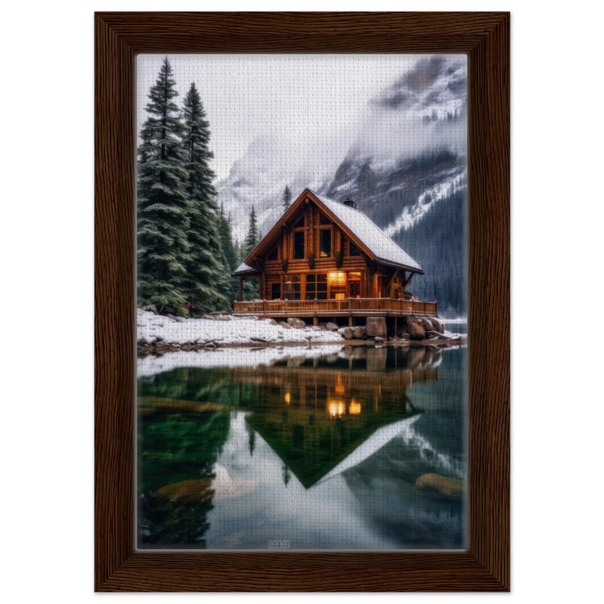 “Whispers of Winter Solitude – Lakeside Cabin in the Pines” | Wall Art Print - Framed Canvas - 20x30 cm / 8x12″ - Dark wood frame