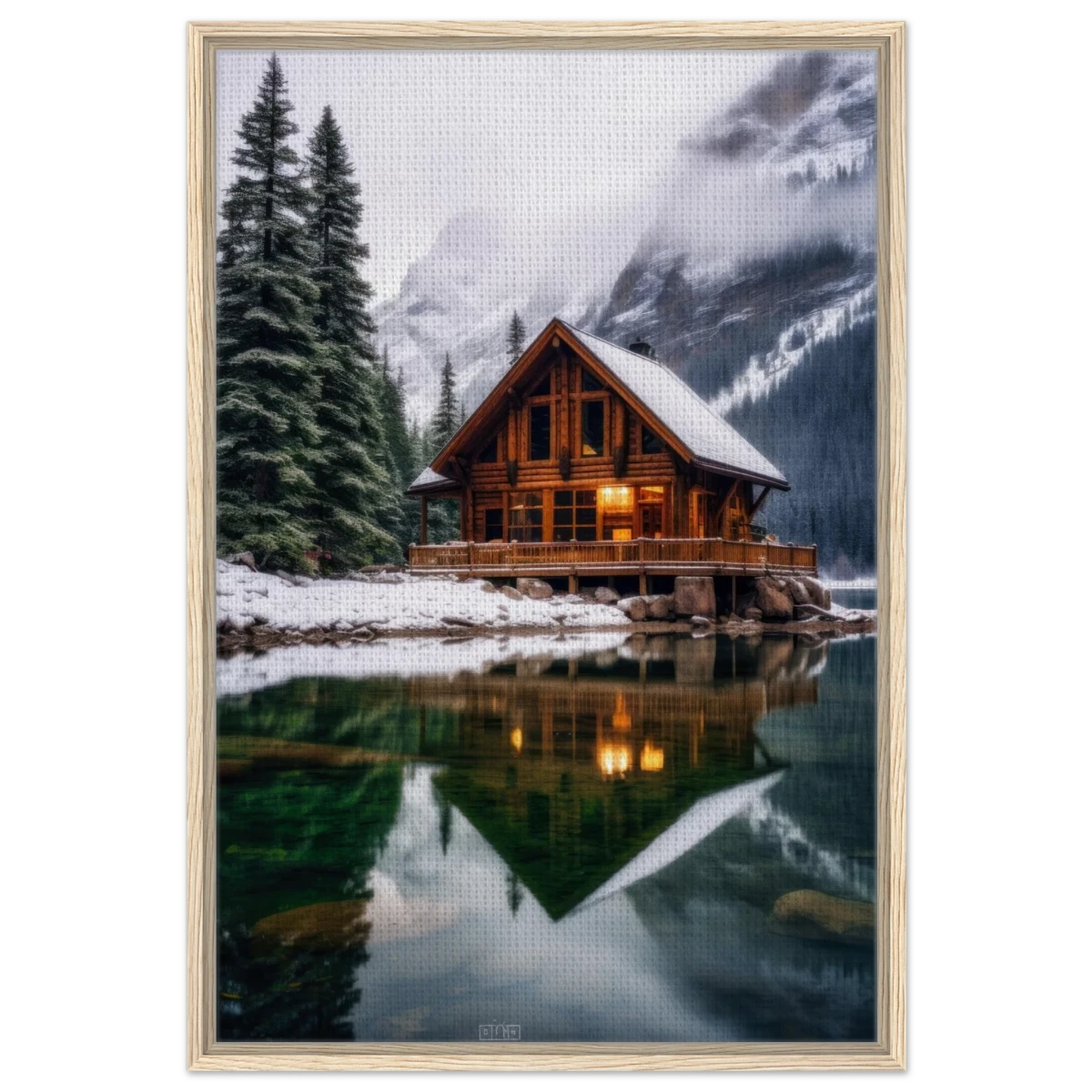 “Whispers of Winter Solitude – Lakeside Cabin in the Pines” | Wall Art Print - Framed Canvas - 60x90 cm / 24x36″ - Wood frame