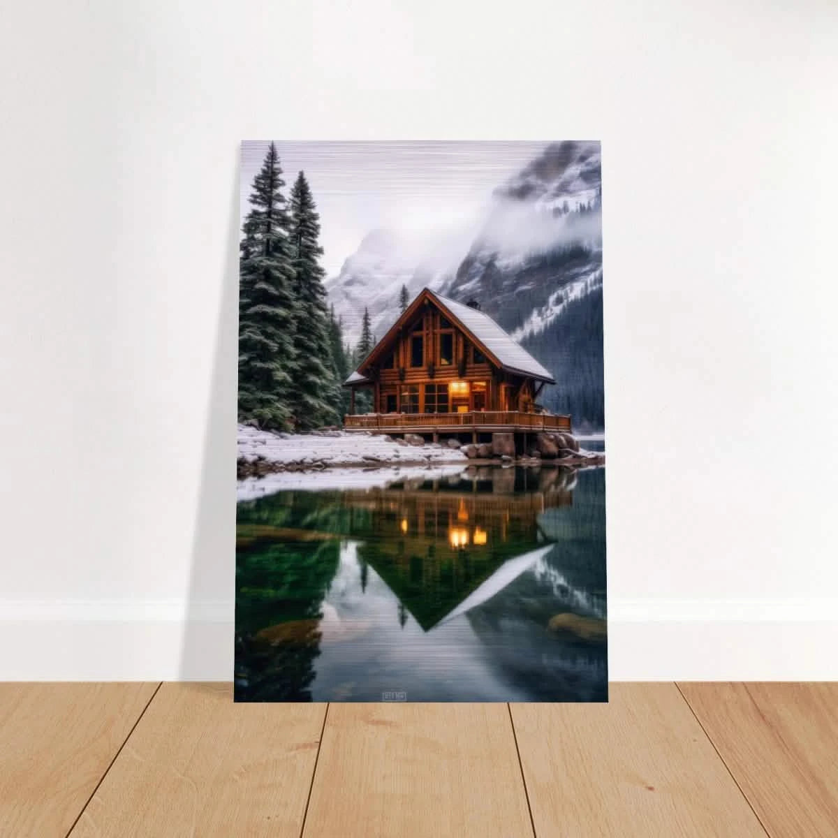 “Whispers of Winter Solitude – Lakeside Cabin in the Pines” | Wall Art Print - Brushed Aluminum Print - 30x45 cm / 12x18″ -