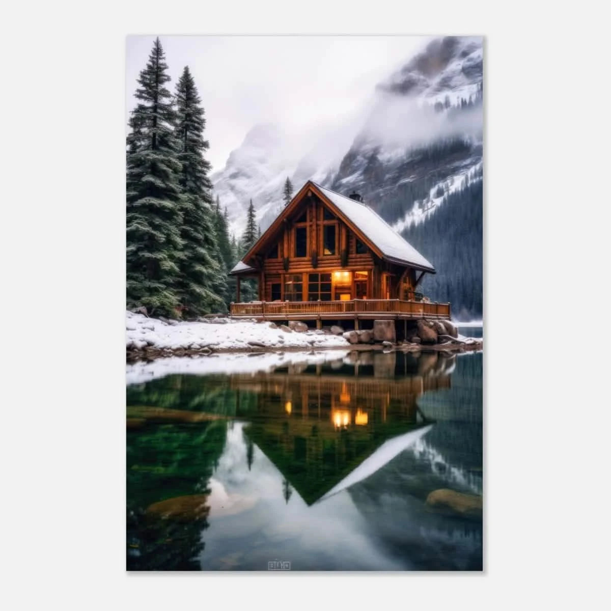 “Whispers of Winter Solitude – Lakeside Cabin in the Pines” | Wall Art Print - Aluminum Print - 50x75 cm / 20x30″ -