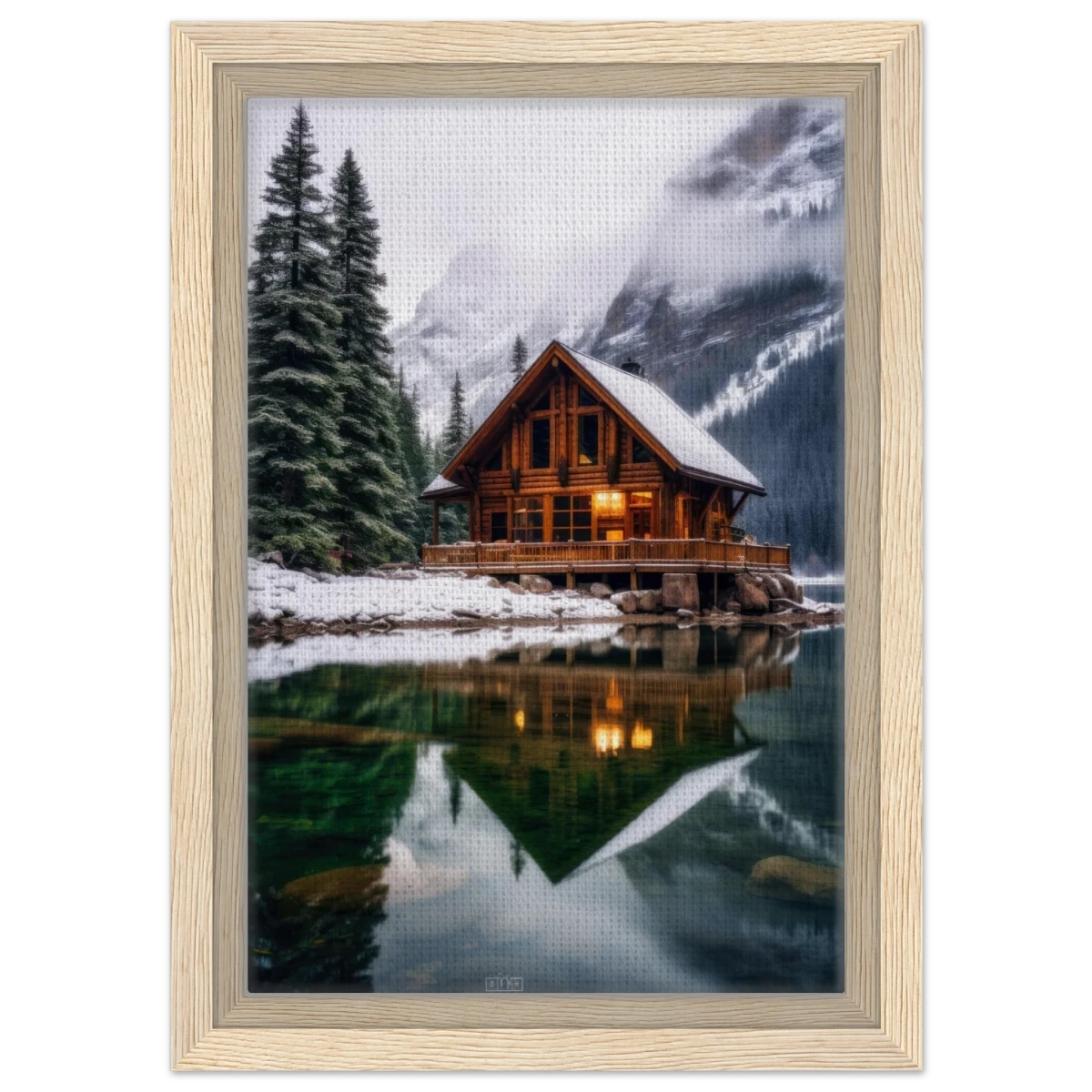 “Whispers of Winter Solitude – Lakeside Cabin in the Pines” | Wall Art Print - Framed Canvas - 20x30 cm / 8x12″ - Wood frame