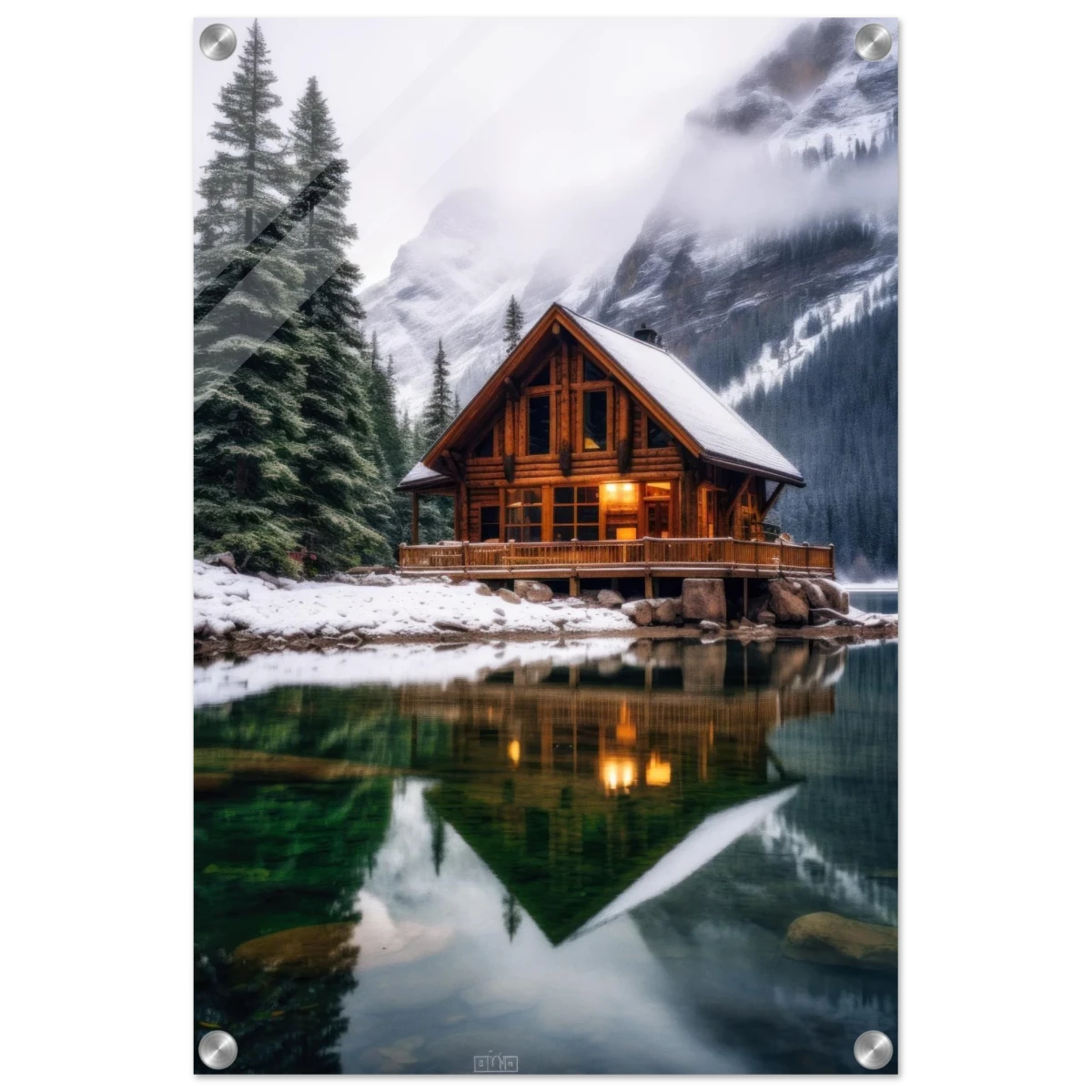“Whispers of Winter Solitude – Lakeside Cabin in the Pines” | Wall Art Print - Acrylic Print - 40x60 cm / 16x24″ -