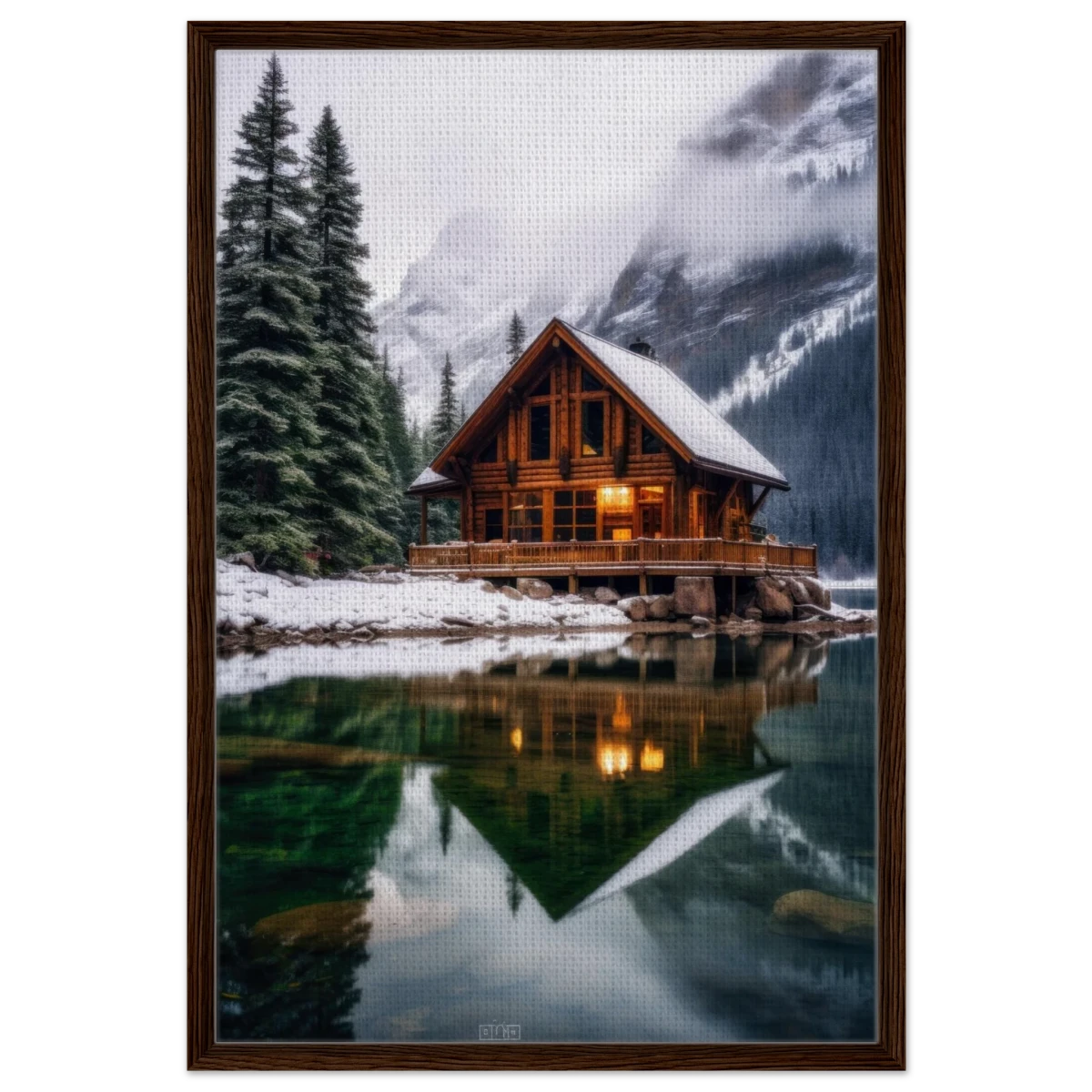 “Whispers of Winter Solitude – Lakeside Cabin in the Pines” | Wall Art Print - Framed Canvas - 60x90 cm / 24x36″ - Dark wood frame