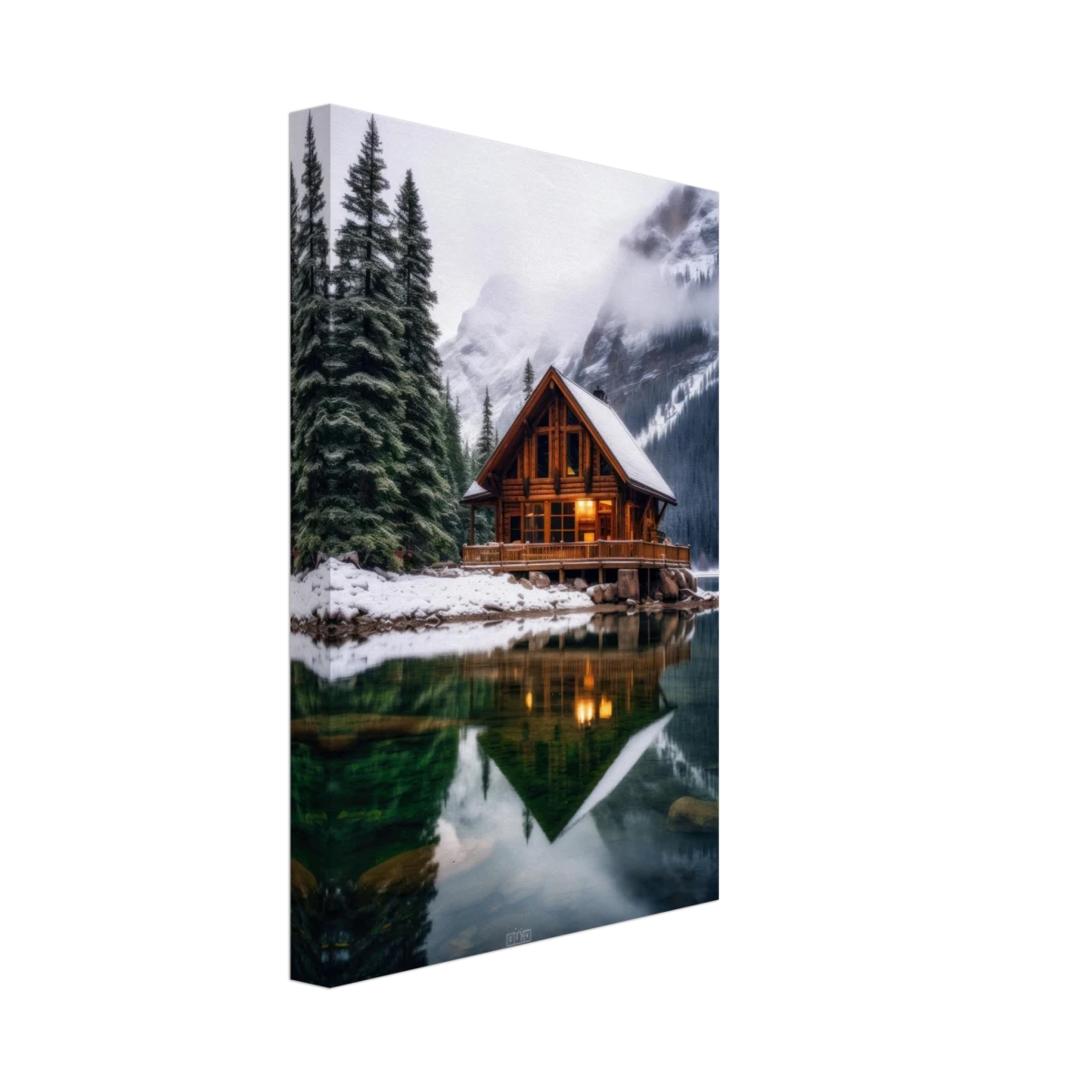 “Whispers of Winter Solitude – Lakeside Cabin in the Pines” | Wall Art Print - Canvas - 20x30 cm / 8x12″ -
