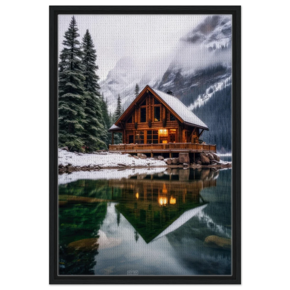 “Whispers of Winter Solitude – Lakeside Cabin in the Pines” | Wall Art Print - Framed Canvas - 50x75 cm / 20x30″ - Black frame