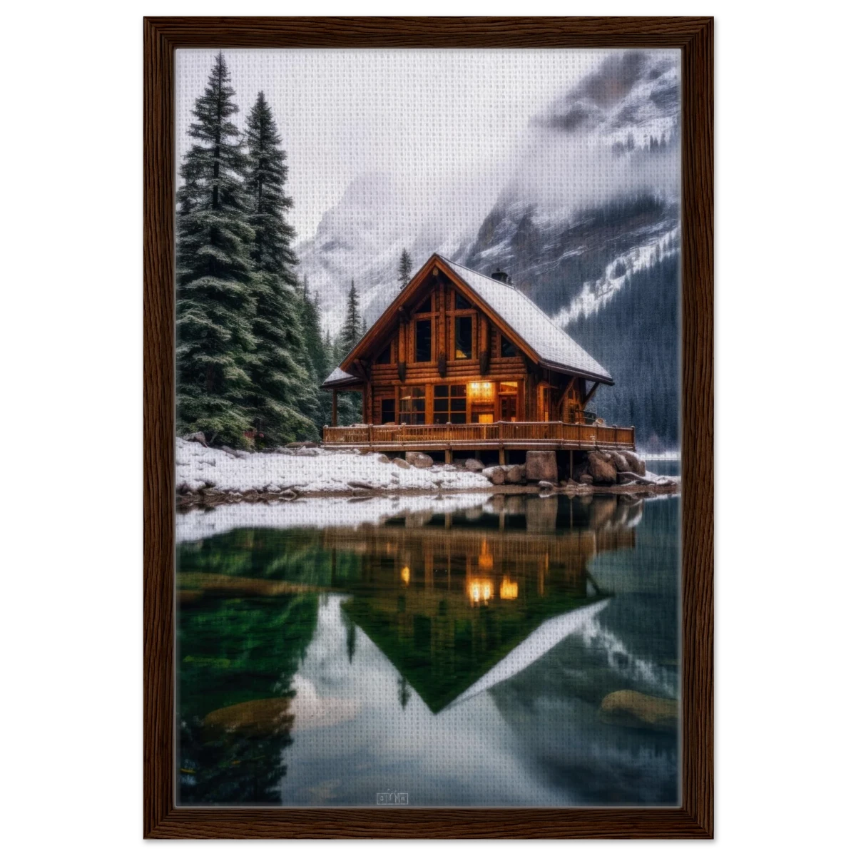 “Whispers of Winter Solitude – Lakeside Cabin in the Pines” | Wall Art Print - Framed Canvas - 40x60 cm / 16x24″ - Dark wood frame