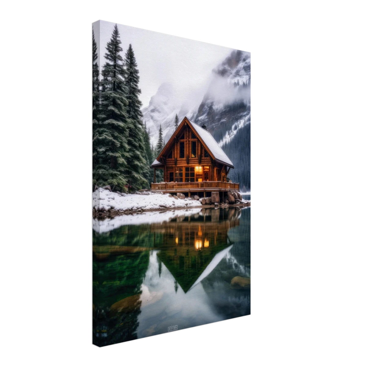 “Whispers of Winter Solitude – Lakeside Cabin in the Pines” | Wall Art Print - Canvas - 40x60 cm / 16x24″ -