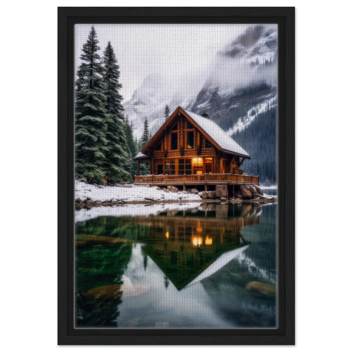 “Whispers of Winter Solitude – Lakeside Cabin in the Pines” | Wall Art Print - Framed Canvas - 30x45 cm / 12x18″ - Black frame
