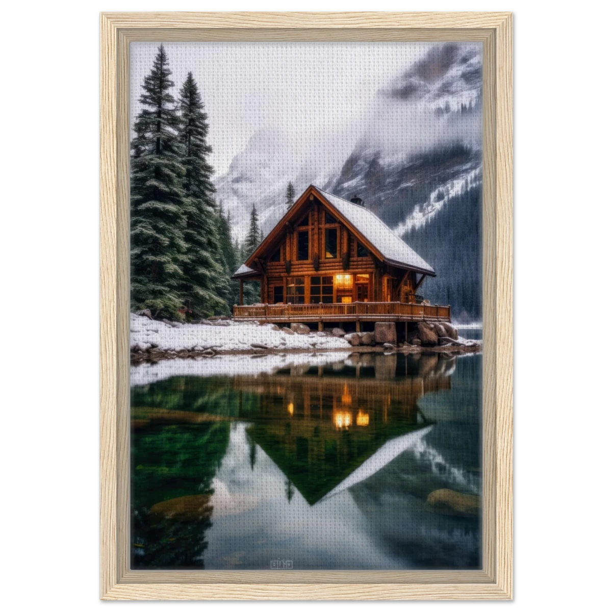 “Whispers of Winter Solitude – Lakeside Cabin in the Pines” | Wall Art Print - Framed Canvas - 30x45 cm / 12x18″ - Wood frame