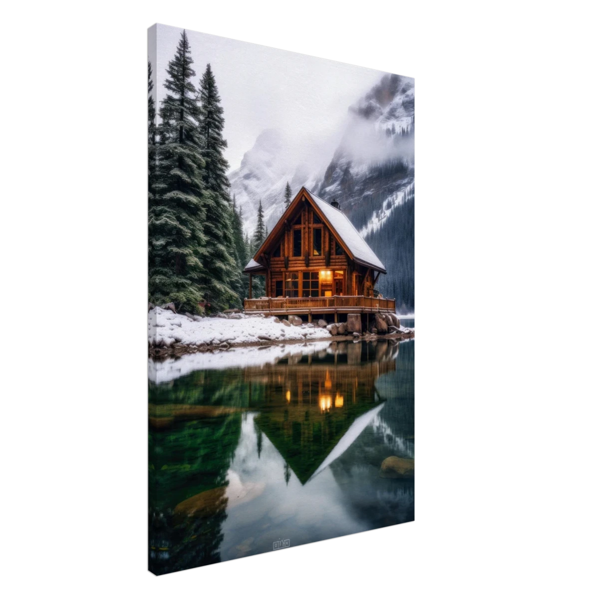 “Whispers of Winter Solitude – Lakeside Cabin in the Pines” | Wall Art Print - Canvas - 60x90 cm / 24x36″ -
