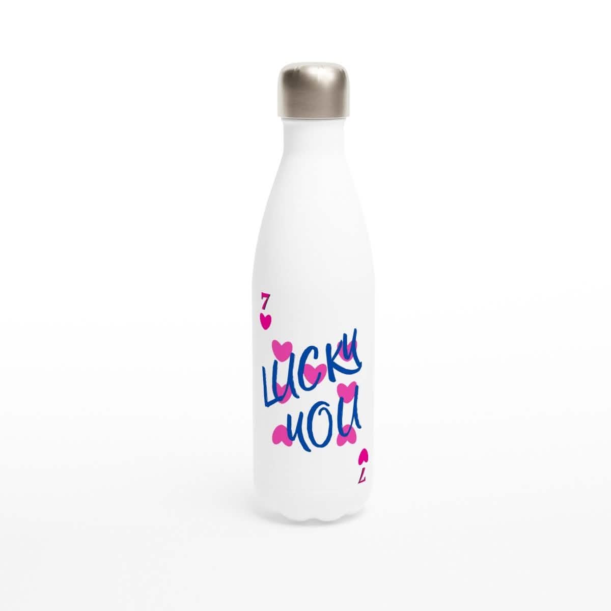 White Stainless Steel Water Bottles & Travel Mugs | 7 of heart | Lucky You! - White 17oz Stainless Steel Water Bottle -