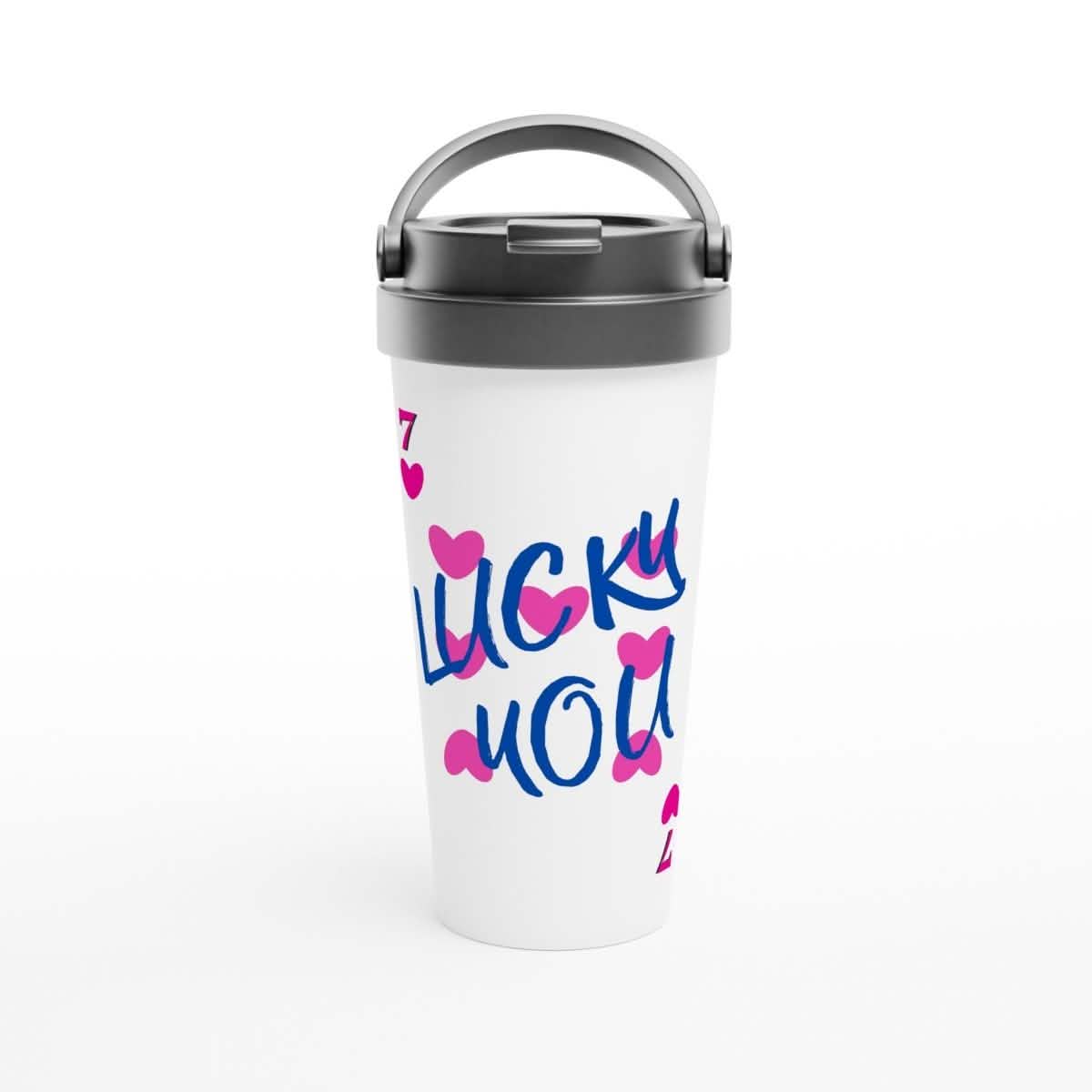 White Stainless Steel Water Bottles & Travel Mugs | 7 of heart | Lucky You! - White 15oz Stainless Steel Travel Mug -