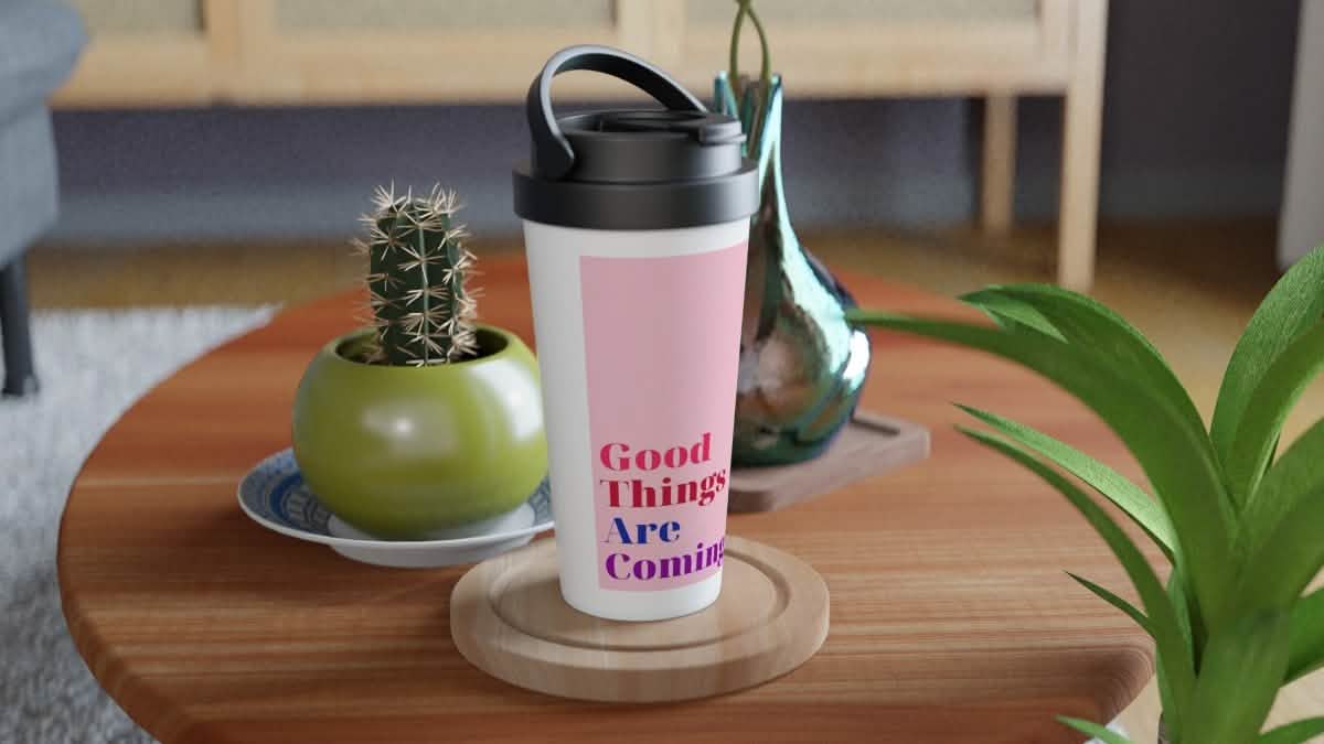 White Stainless Steel Water Bottles & Travel Mugs | Good things are coming - White 15oz Stainless Steel Travel Mug -