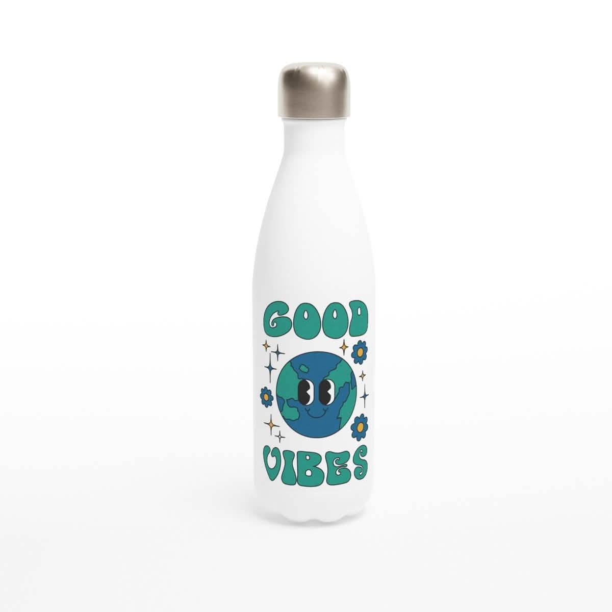 White Stainless Steel Water Bottles & Travel Mugs | Good Vibes | Green Planet - White 17oz Stainless Steel Water Bottle -