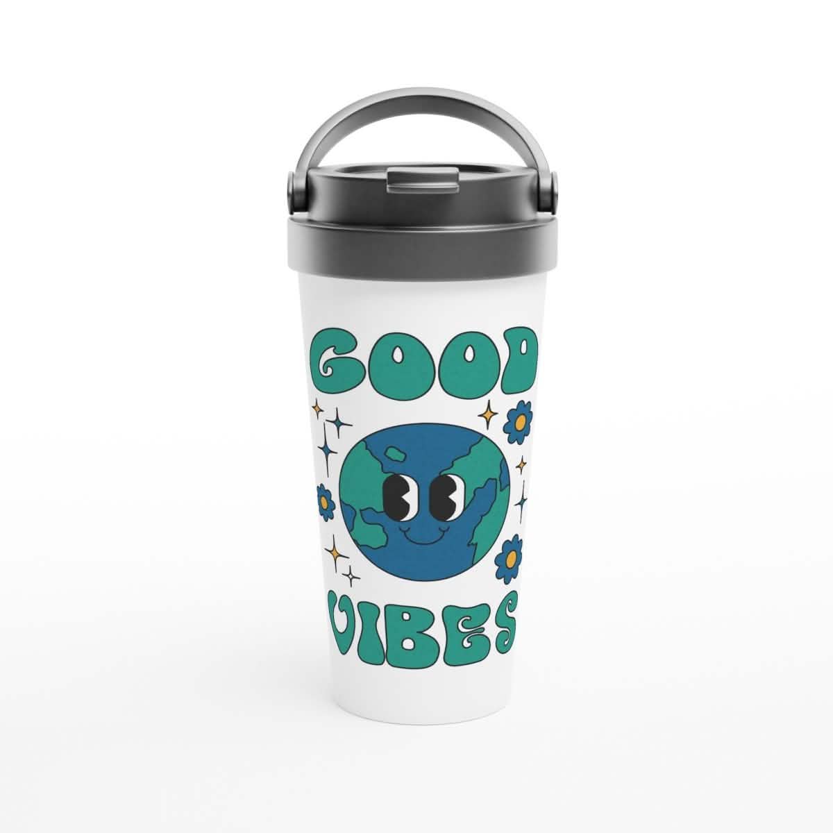 White Stainless Steel Water Bottles & Travel Mugs | Good Vibes | Green Planet - White 15oz Stainless Steel Travel Mug -