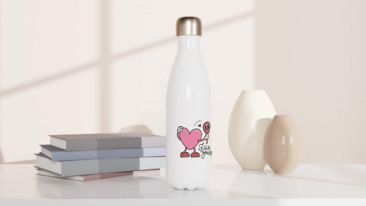 White Stainless Steel Water Bottles & Travel Mugs | Love yourself - White 17oz Stainless Steel Water Bottle -