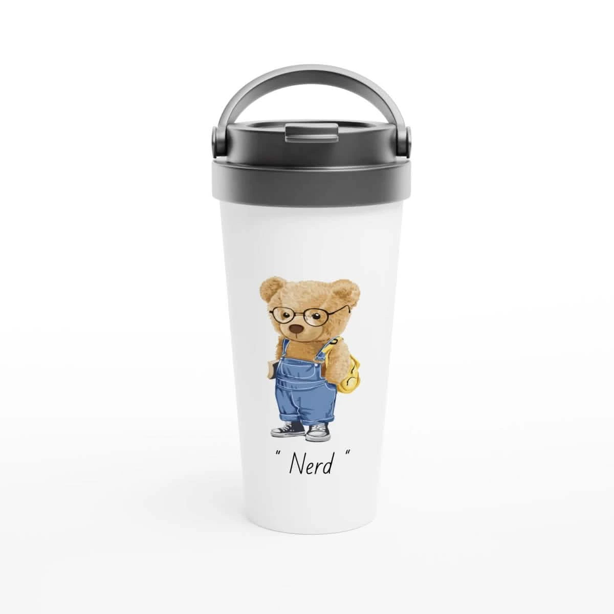 White Stainless Steel Water Bottles & Travel Mugs | Nerd | Teddy Bear - White 15oz Stainless Steel Travel Mug -