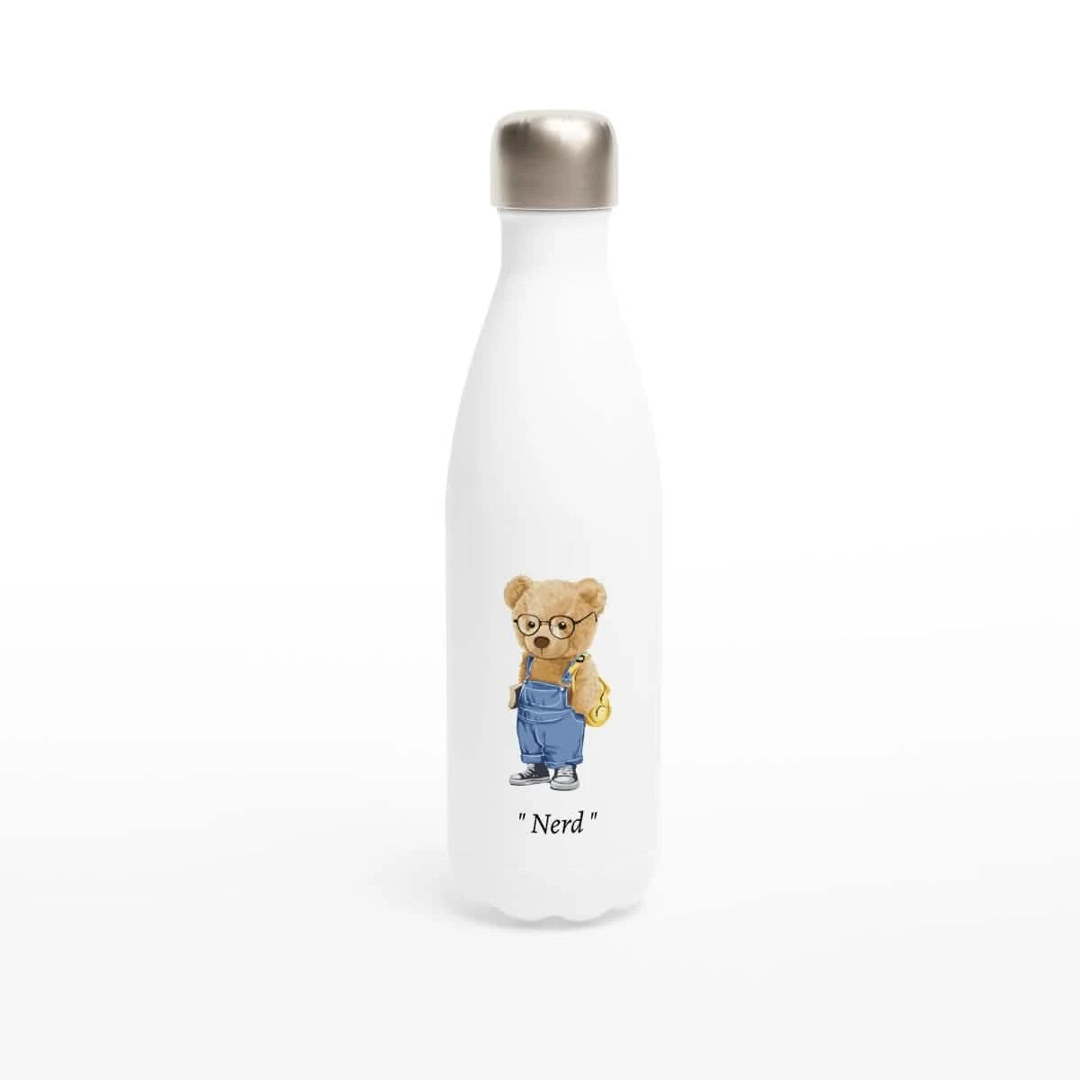 White Stainless Steel Water Bottles & Travel Mugs | Nerd | Teddy Bear - White 17oz Stainless Steel Water Bottle -