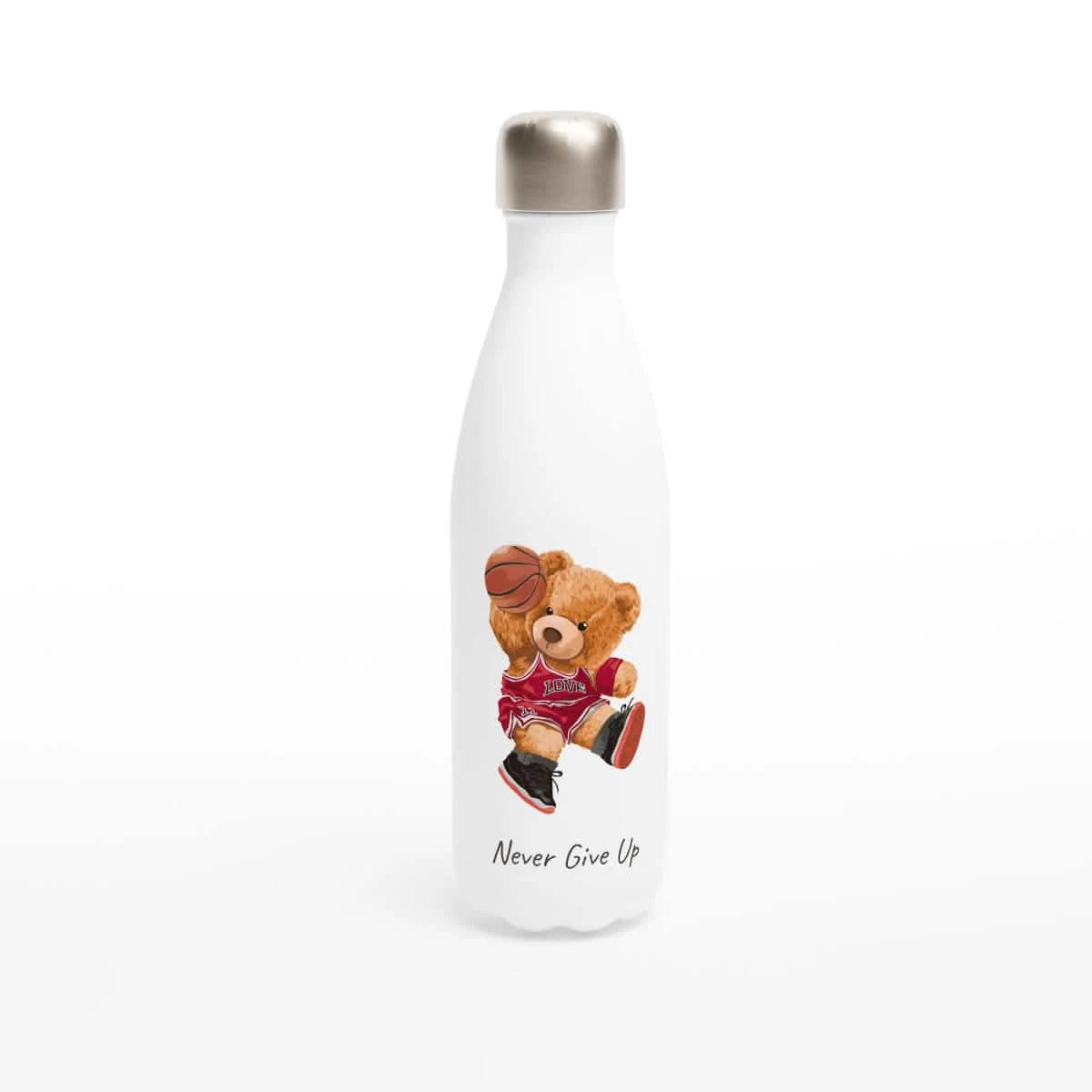 White Stainless Steel Water Bottles & Travel Mugs | Never Give Up | Teddy Bear - White 17oz Stainless Steel Water Bottle -