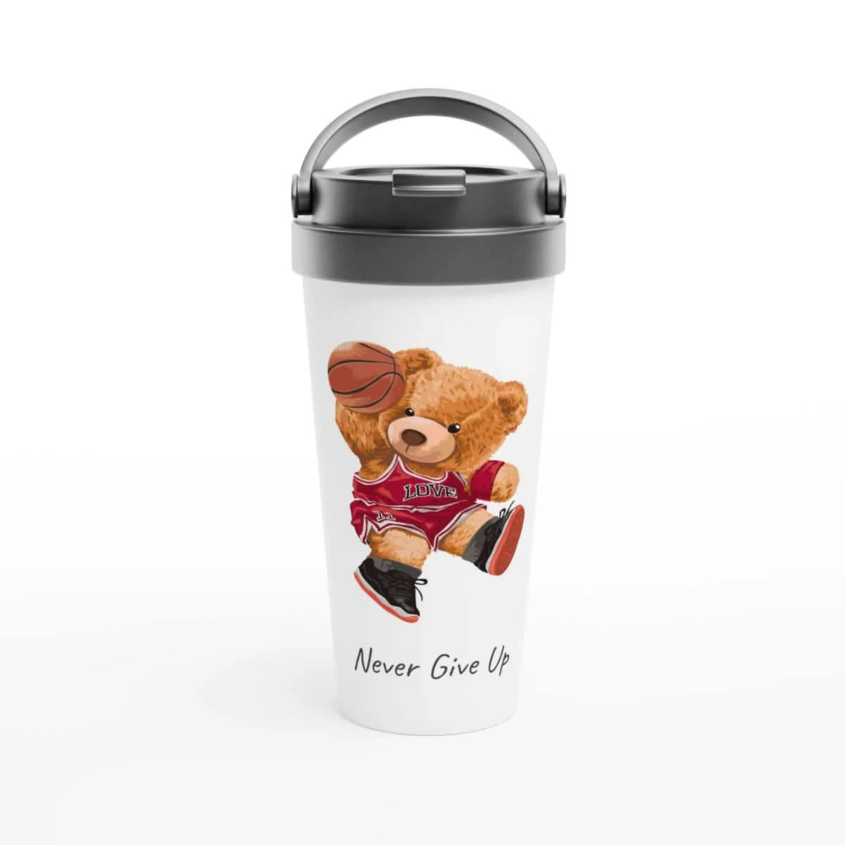 White Stainless Steel Water Bottles & Travel Mugs | Never Give Up | Teddy Bear - White 15oz Stainless Steel Travel Mug -