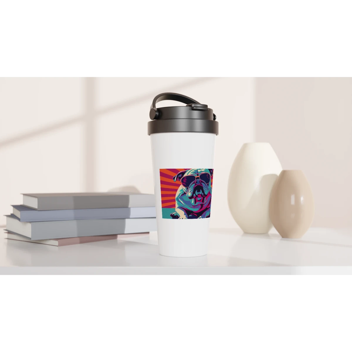 White Stainless Steel Water Bottles & Travel Mugs | "Paws & Pop" – Retro Bulldog Swagger Vibes - White 15oz Stainless Steel Travel Mug -