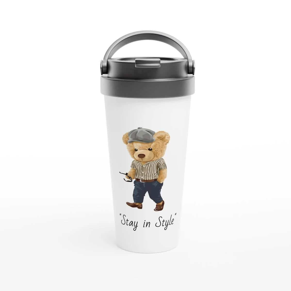White Stainless Steel Water Bottles & Travel Mugs | Stay in Style | Teddy Bear Design - White 15oz Stainless Steel Travel Mug -