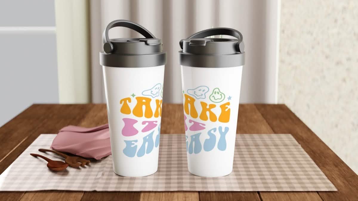 White Stainless Steel Water Bottles & Travel Mugs | Take it Easy - White 15oz Stainless Steel Travel Mug -