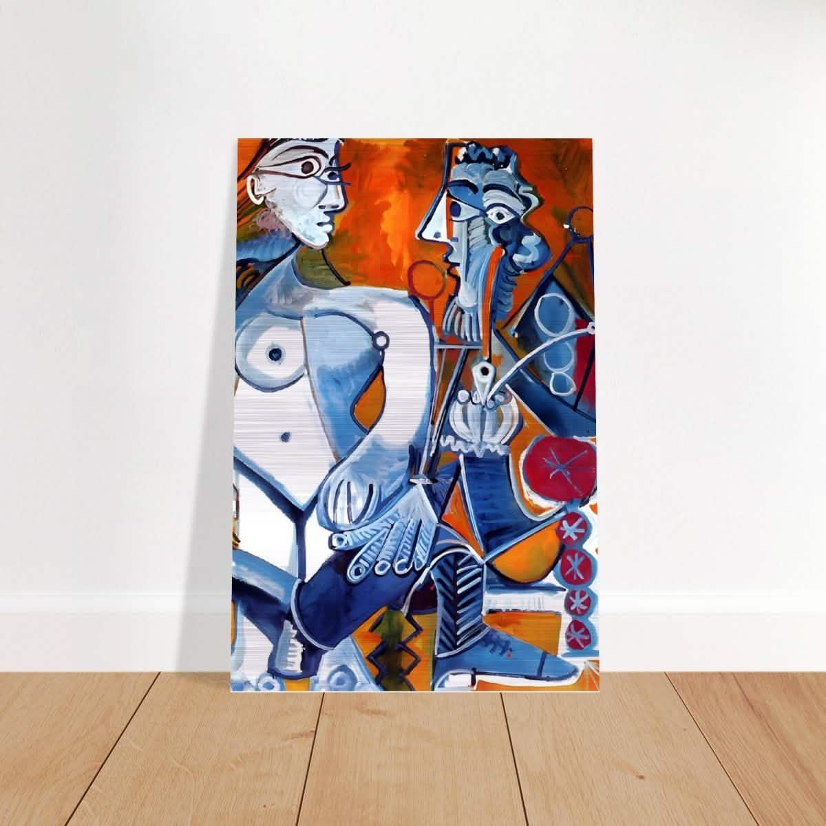 Woman and Man Sitting with Pipe by Pablo Picasso wall art print - Brushed Aluminum Print - 30x45 cm / 12x18″ -