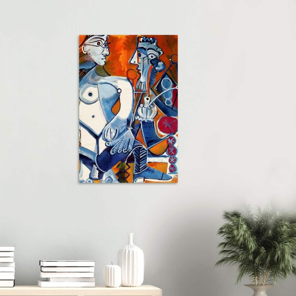 Woman and Man Sitting with Pipe by Pablo Picasso wall art print - Wood Prints - 50x75 cm / 20x30″ - 10 mm