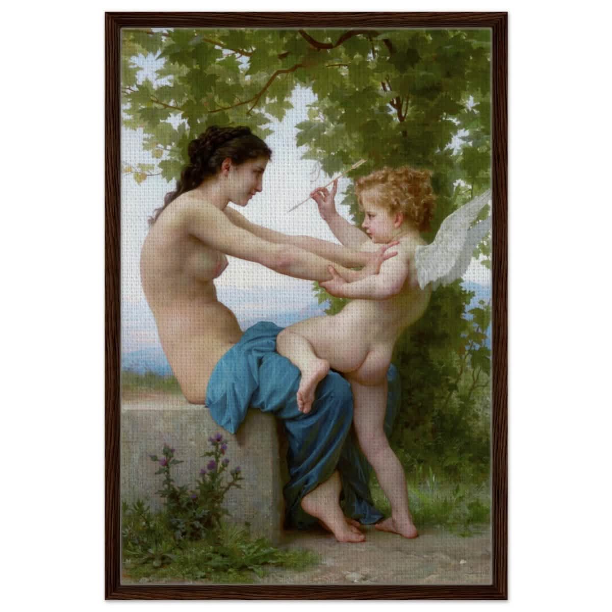 Young Girl Defending Herself against Eros (1825 - 1905) William - Adolphe Bouguereau | Vintage wall art print - Framed Canvas - 60x90 cm / 24x36″ - Dark wood frame