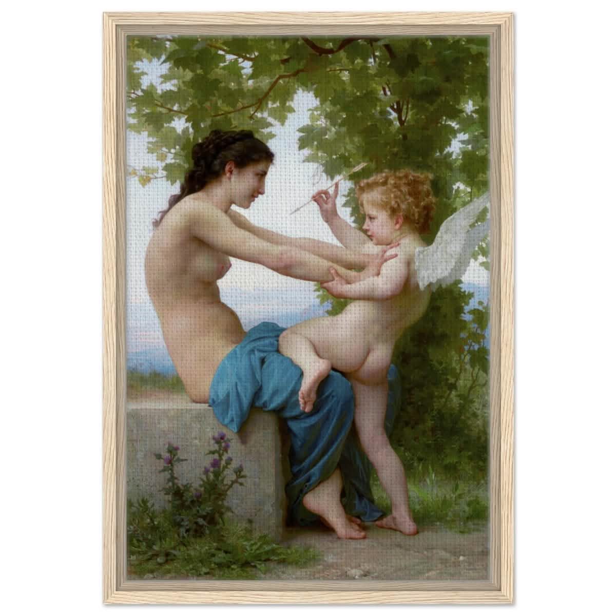 Young Girl Defending Herself against Eros (1825 - 1905) William - Adolphe Bouguereau | Vintage wall art print - Framed Canvas - 40x60 cm / 16x24″ - Wood frame