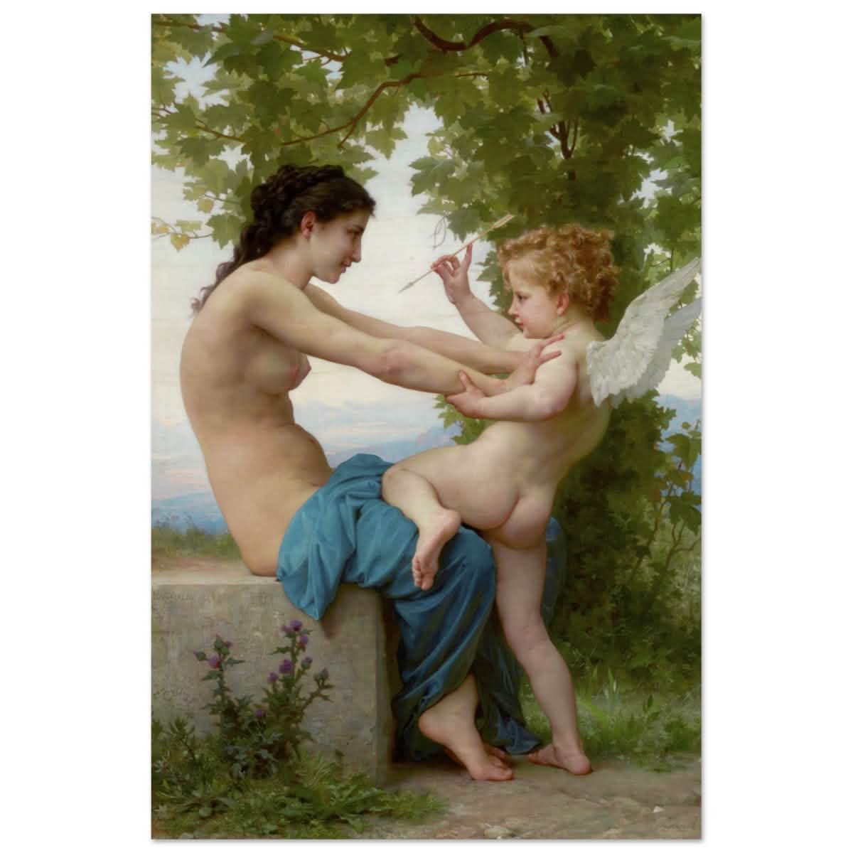 Young Girl Defending Herself against Eros (1825 - 1905) William - Adolphe Bouguereau | Vintage wall art print - Wood Prints - 50x75 cm / 20x30″ -