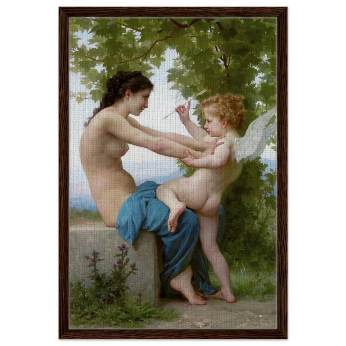 Young Girl Defending Herself against Eros (1825 - 1905) William - Adolphe Bouguereau | Vintage wall art print - Framed Canvas - 50x75 cm / 20x30″ - Dark wood frame