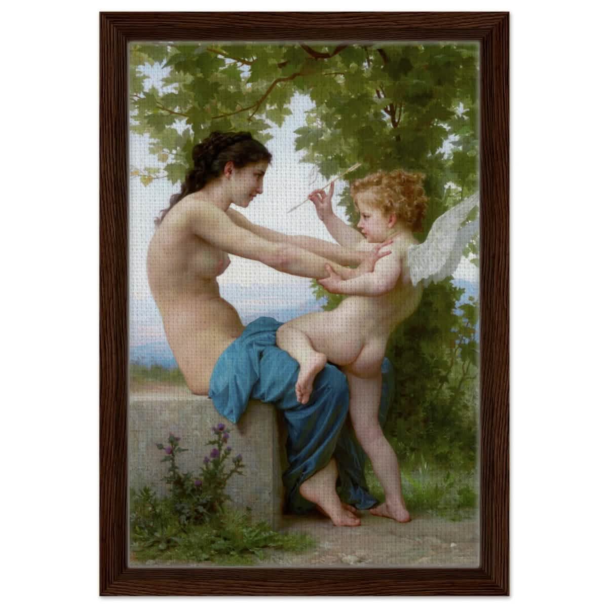 Young Girl Defending Herself against Eros (1825 - 1905) William - Adolphe Bouguereau | Vintage wall art print - Framed Canvas - 30x45 cm / 12x18″ - Dark wood frame
