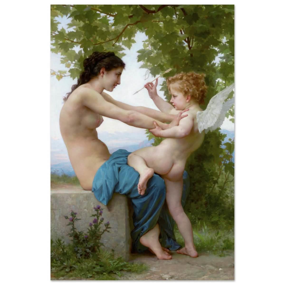 Young Girl Defending Herself against Eros (1825 - 1905) William - Adolphe Bouguereau | Vintage wall art print - Aluminum Print - 30x45 cm / 12x18″ -