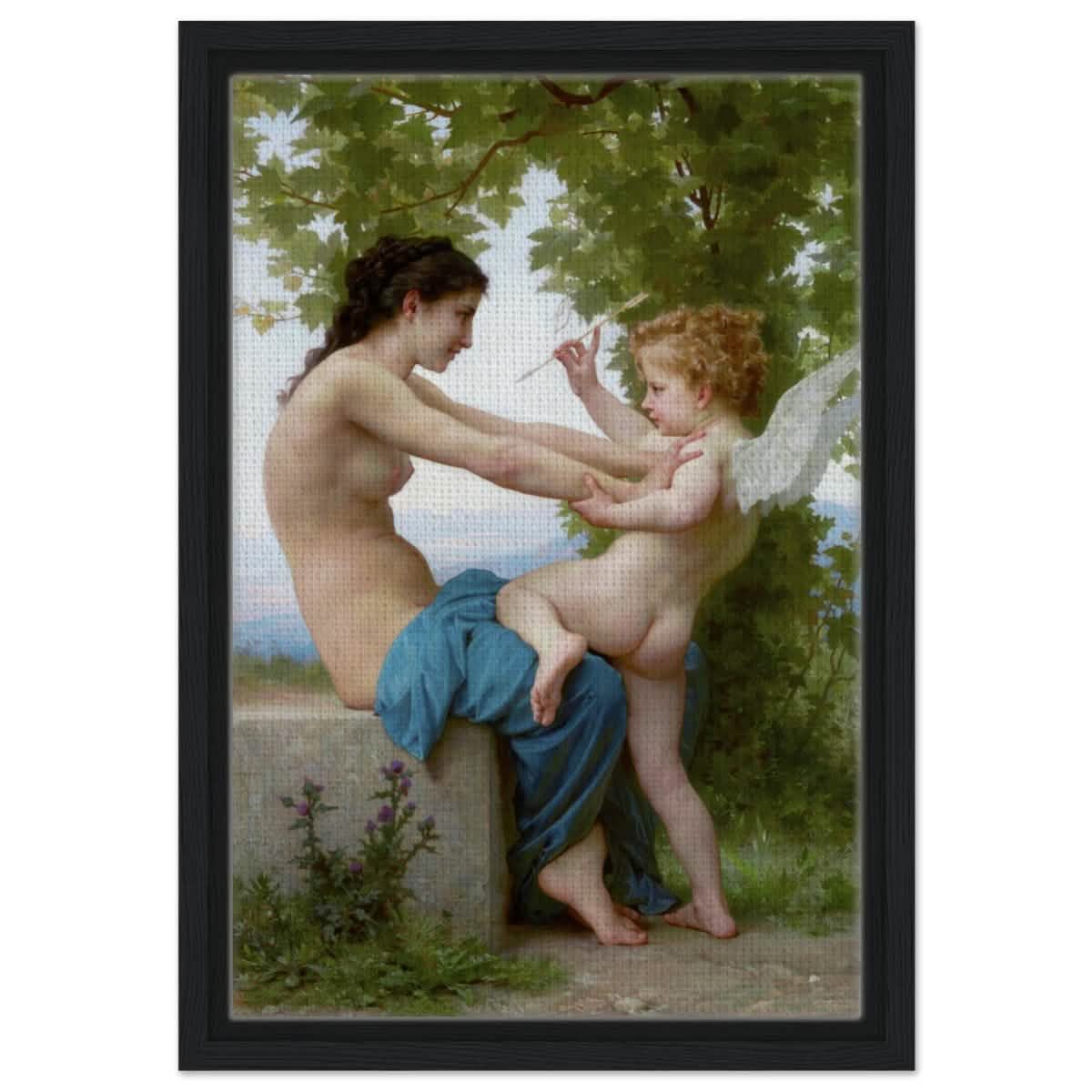Young Girl Defending Herself against Eros (1825 - 1905) William - Adolphe Bouguereau | Vintage wall art print - Framed Canvas - 30x45 cm / 12x18″ - Black frame